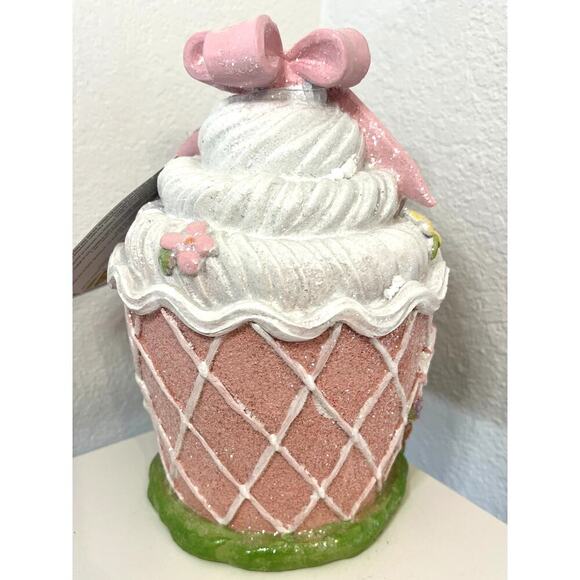 EASTER CUPCAKE Pastel Led Light-Up Gingerbread House, With Glitter and Pink Bow - Picture 4 of 6